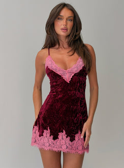 Call My Lover Samt-Spitzen-Mini-Kleid Pflaume / Rosa