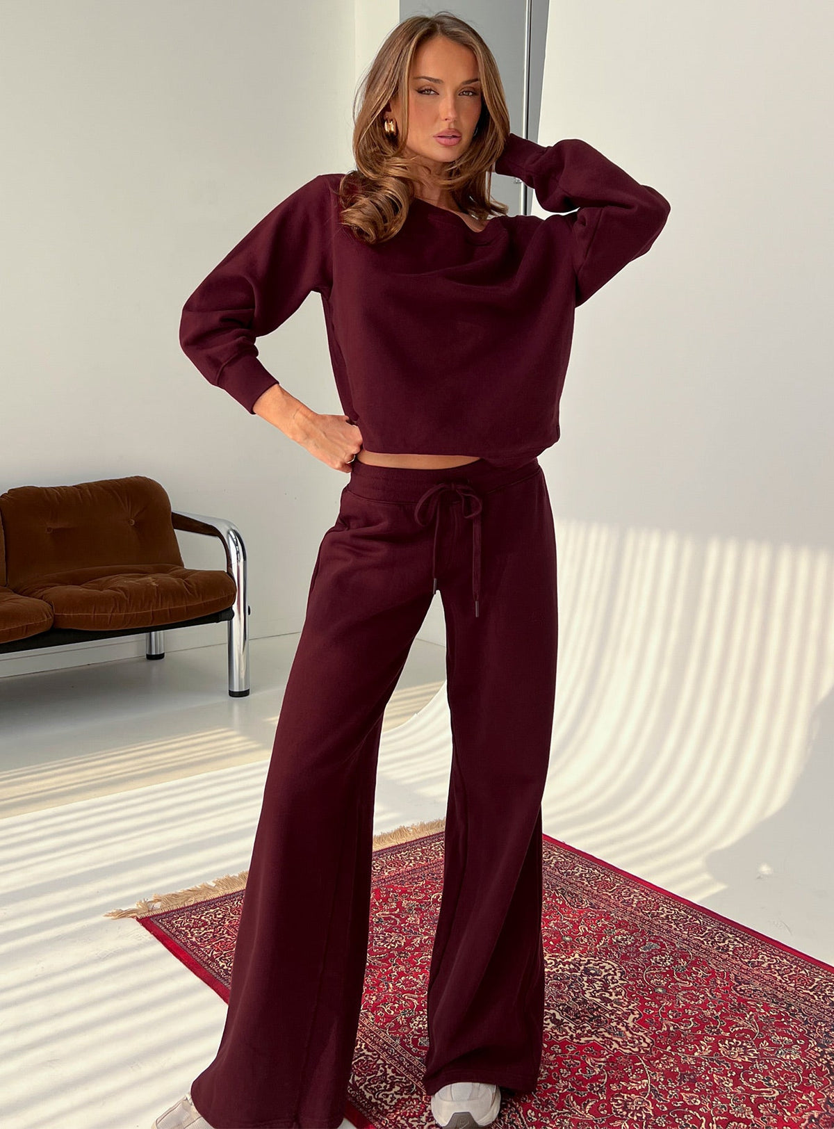front view of model wearing Princess Polly Wellness Off the Shoulder Jumper Currant 