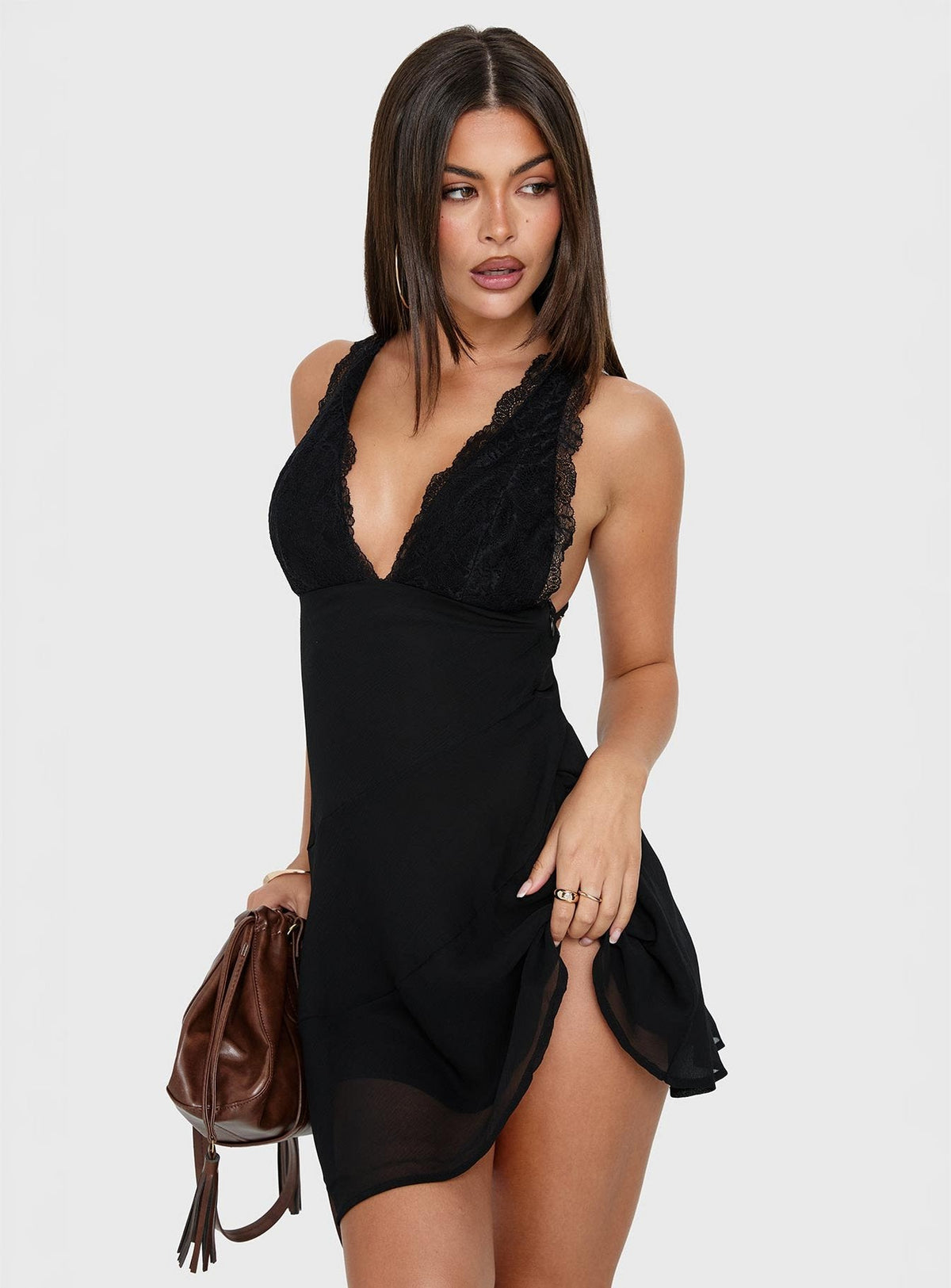 Edeni Mini-Neckholderkleid mit Spitze, Schwarz