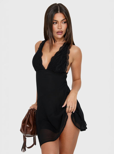 Edeni Mini-Neckholderkleid mit Spitze, Schwarz