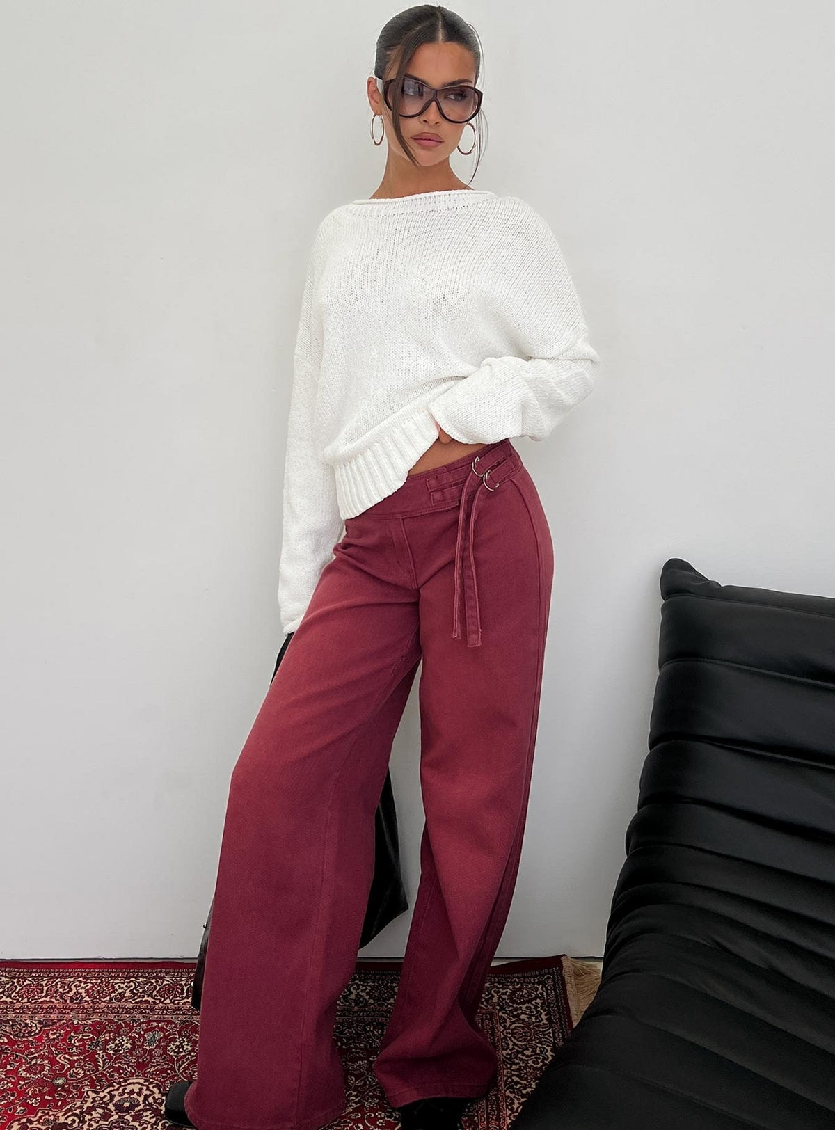 front view of model wearing Princess Polly Reannon Wide Neck Knit Sweater White 