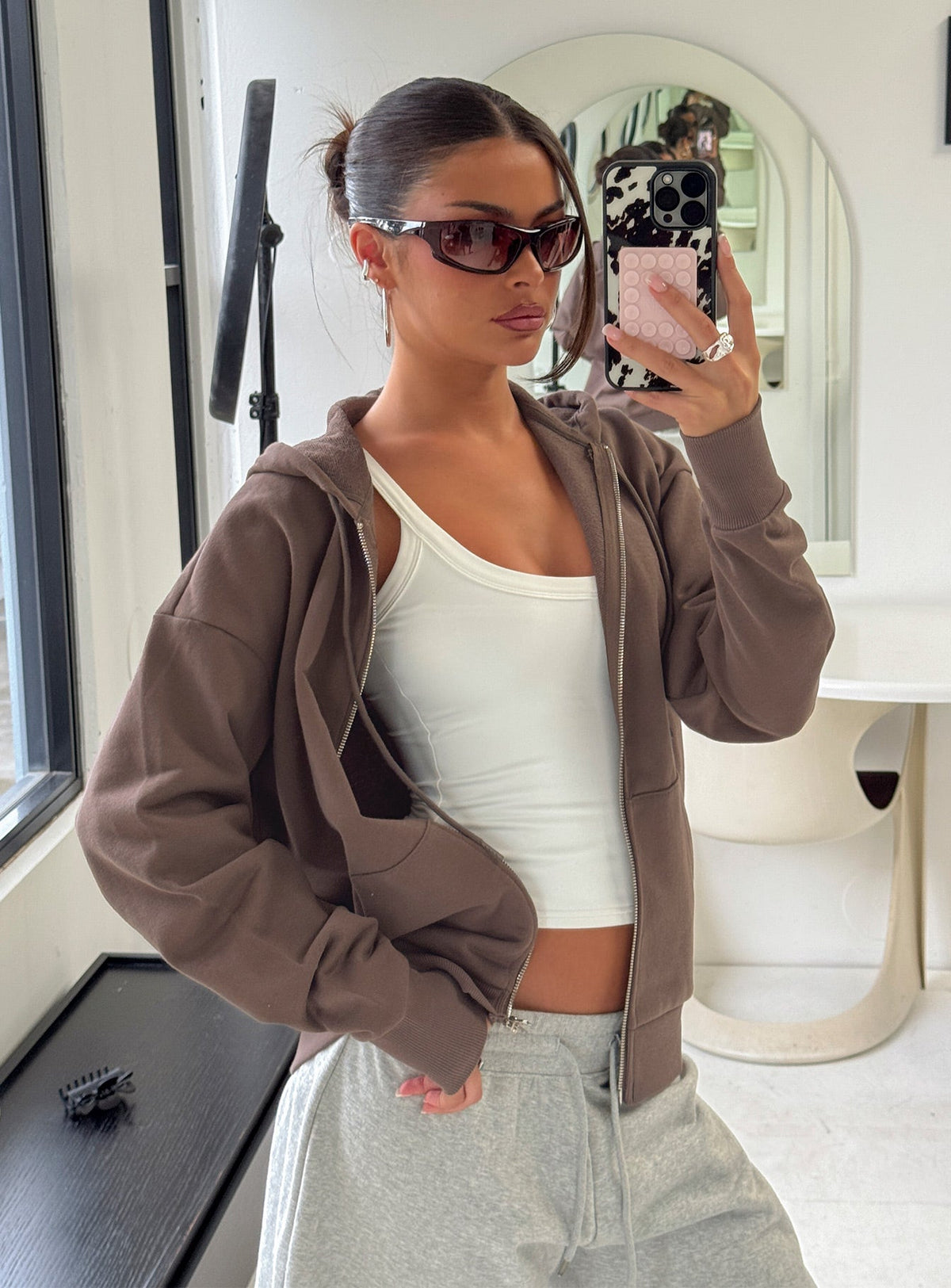 Featuring the Daytime Cropped Blouson Hoodie Cocoa womens-jumpers with short length detail view of model wearing Princess Polly