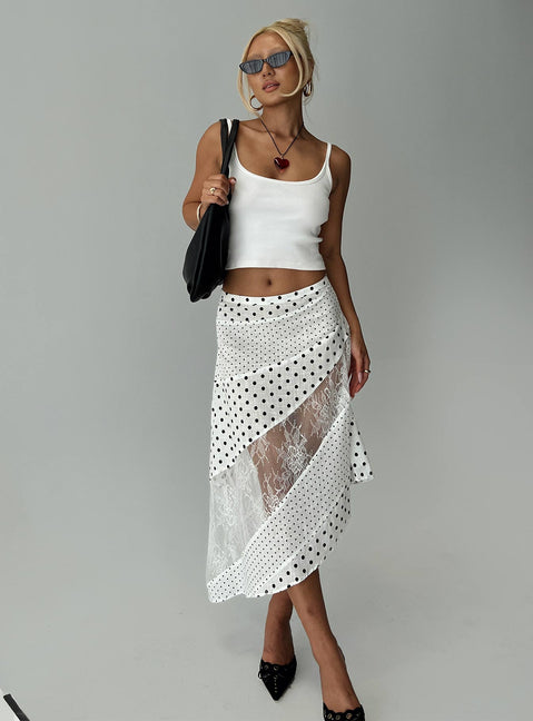   side view of model wearing Princess Polly Rennar Maxi Skirt White / Polka Dot Midi Skirts 