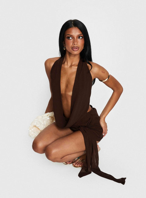 Snakepit Neckholder Plunge Minikleid Schoko