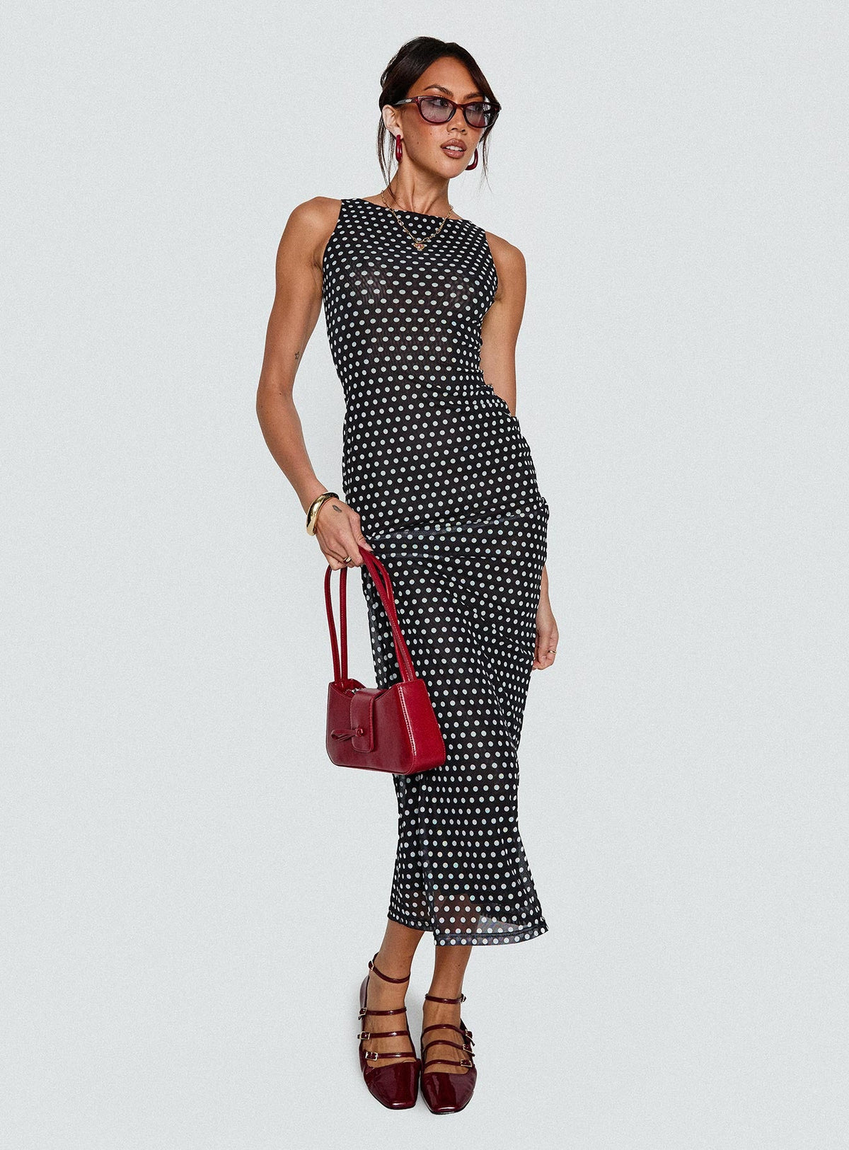 back view of model wearing Princess Polly Top Of Mind Maxi Dress Black Crew Neck 