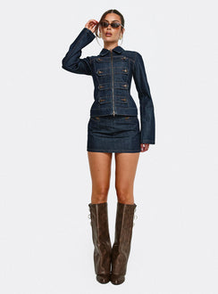   front view of model wearing Princess Polly Cristen Cadet Denim Mini Skirt Indigo Mini Skirts 