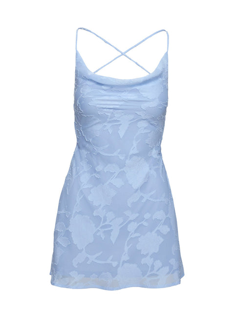 back view of model wearing Princess Polly Celena Mini Dress Light Blue Cowl Neck 