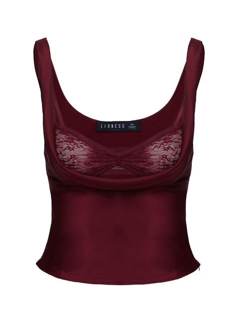 back view of model wearing Princess Polly Delilah Top Burgundy Sleeveless Plunger 