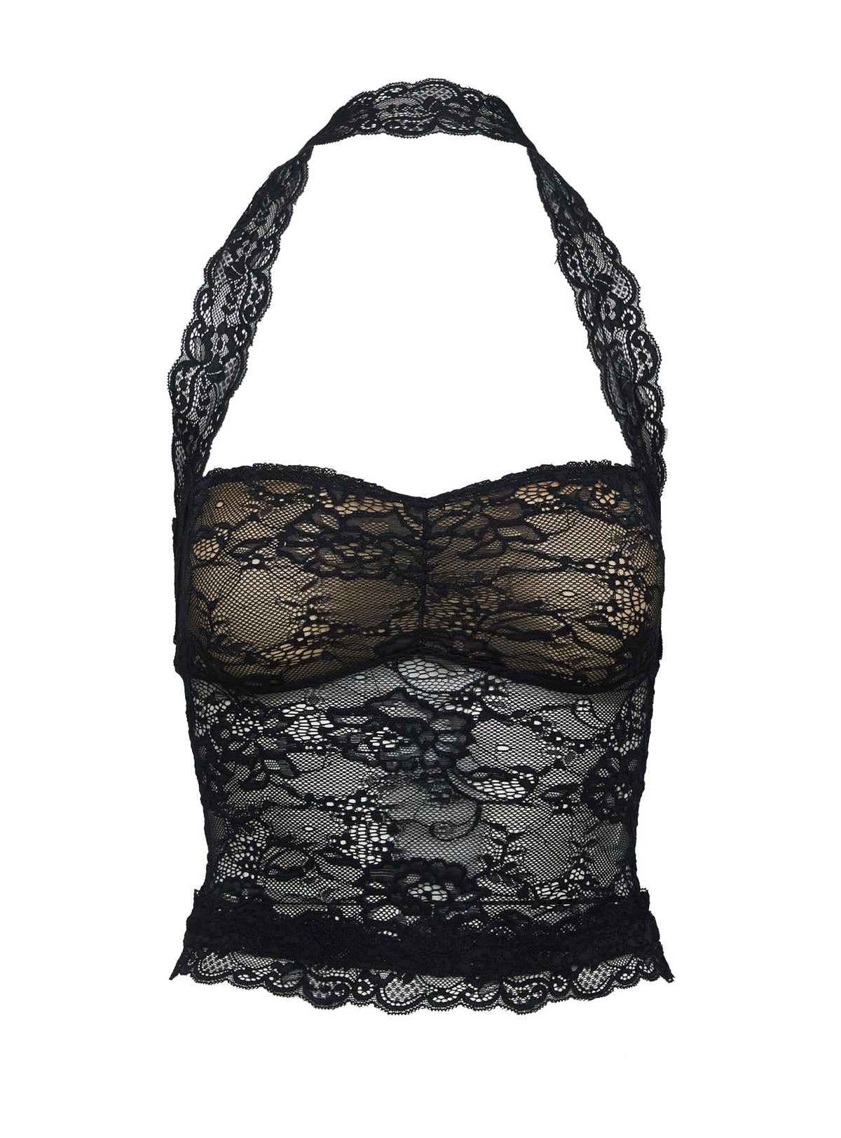 back view of model wearing Princess Polly Fantasize Lace Halter Top Black Petite Sleeveless Sweetheart 