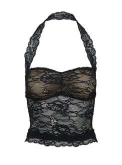 back view of model wearing Princess Polly Fantasize Lace Halter Top Black Petite Sleeveless Sweetheart 