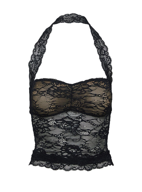 back view of model wearing Princess Polly Fantasize Lace Halter Top Black Petite Sleeveless Sweetheart 