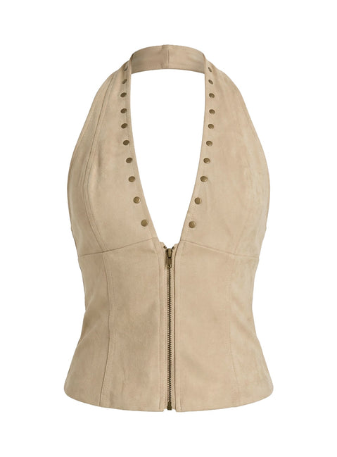 Romey Studded Faux Suede Corset Top Sand