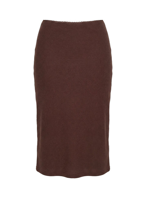 back view of model wearing Princess Polly Baseline Rib Midi Skirt Chocolate Midi Skirts Skirts 