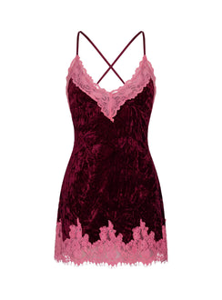Call My Lover Samt-Spitzen-Mini-Kleid Pflaume / Rosa