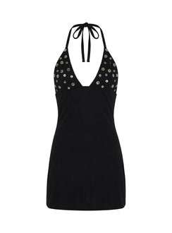 Chyna Halter-Minikleid mit Knopfleiste, Schwarz