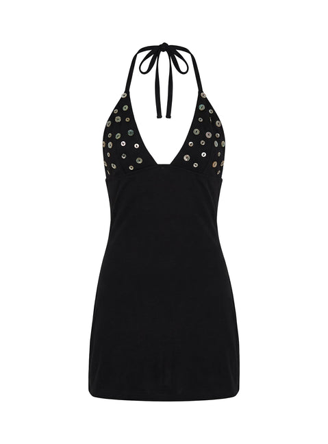 Chyna Halter-Minikleid mit Knopfleiste, Schwarz
