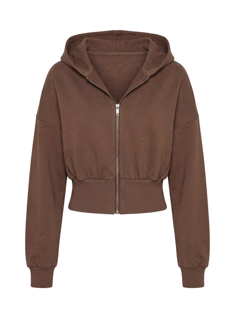 Highlighting the Daytime Cropped Blouson Hoodie Cocoa womens-jumpers with short length detail product Princess Polly