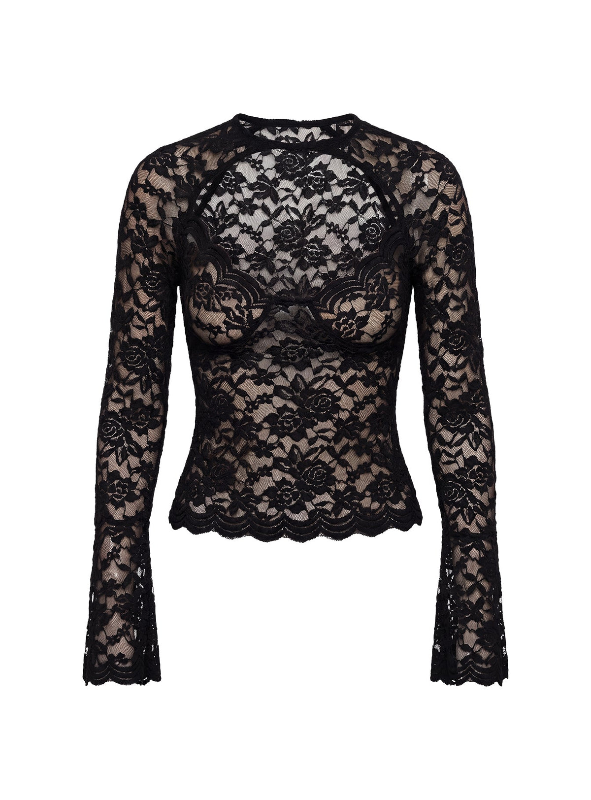 Karmel Lace Langarm-Oberteil Schwarz