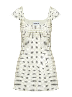 back view of model wearing Princess Polly Lucienna Polka Dot Mini Dress White / Black Scoop Neck 