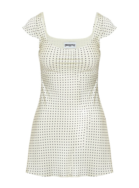 back view of model wearing Princess Polly Lucienna Polka Dot Mini Dress White / Black Scoop Neck 